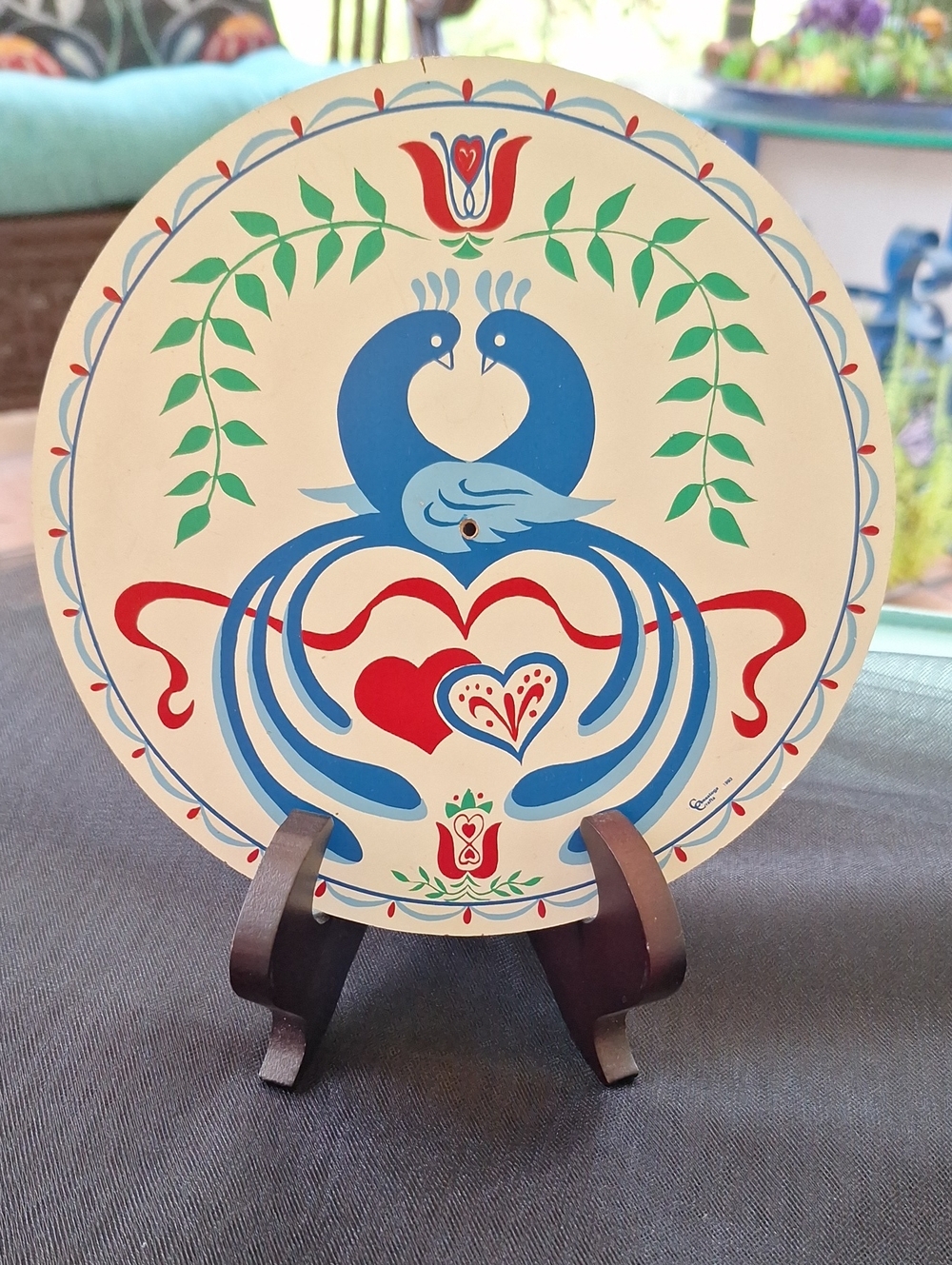 Vintage Distelfink Amish Art Round Decorative Plaque Blue Birds & Red Hearts